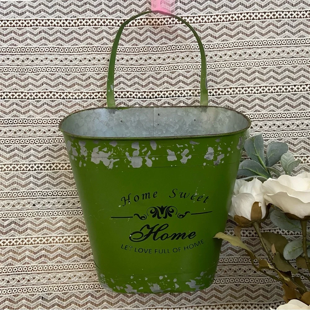 Vintage Chippy Metal Floral Container with Handle